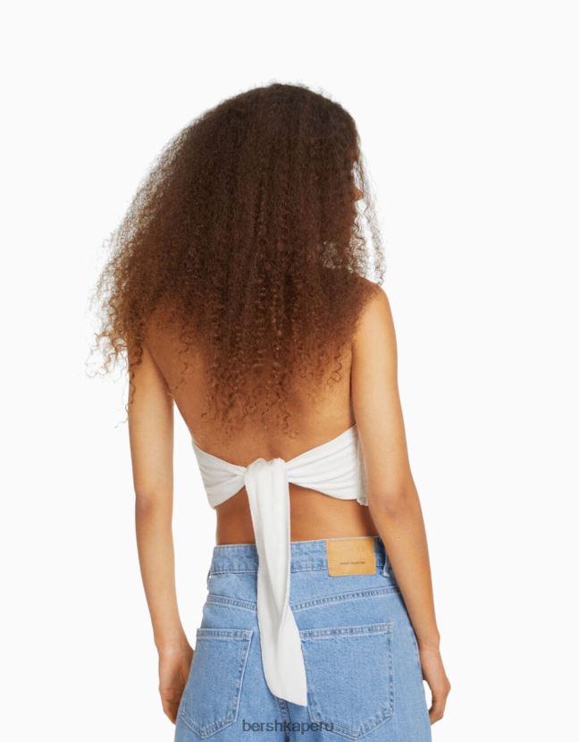 crema Bershka unisexo top halter con detalle de lazo y elástico fruncido 806J6B3769