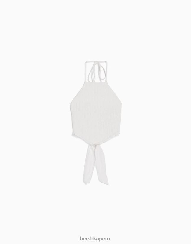 crema Bershka unisexo top halter con detalle de lazo y elástico fruncido 806J6B3769