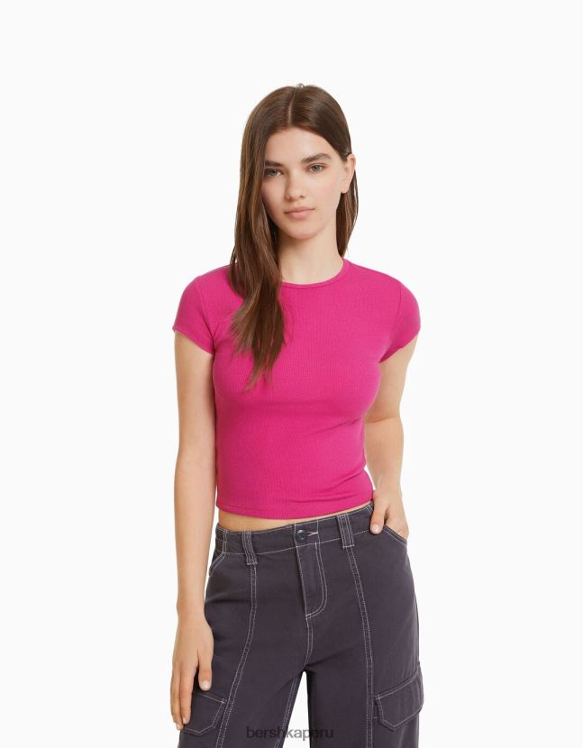 fucsia Bershka unisexo camiseta de canalé manga corta 806J6B3748