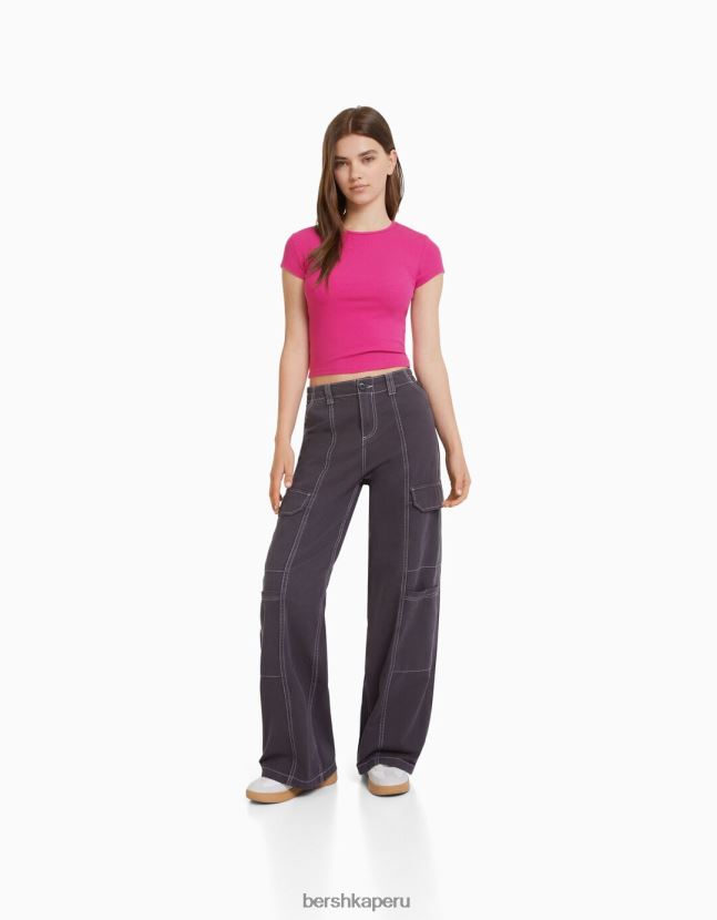 fucsia Bershka unisexo camiseta de canalé manga corta 806J6B3748
