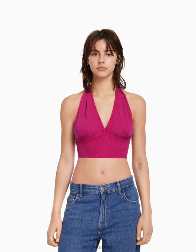 fucsia Bershka unisexo top corto de mezcla de lino rústico 806J6B3771