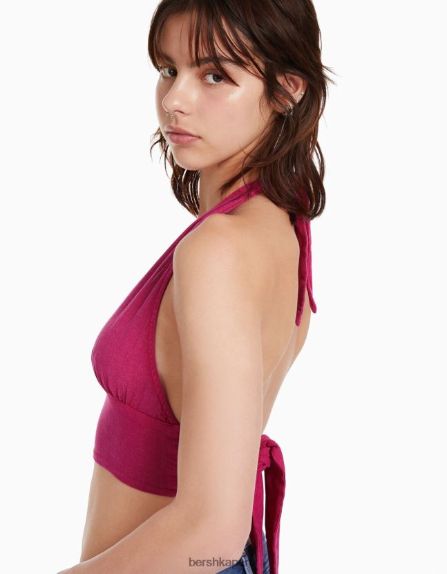 fucsia Bershka unisexo top corto de mezcla de lino rústico 806J6B3771