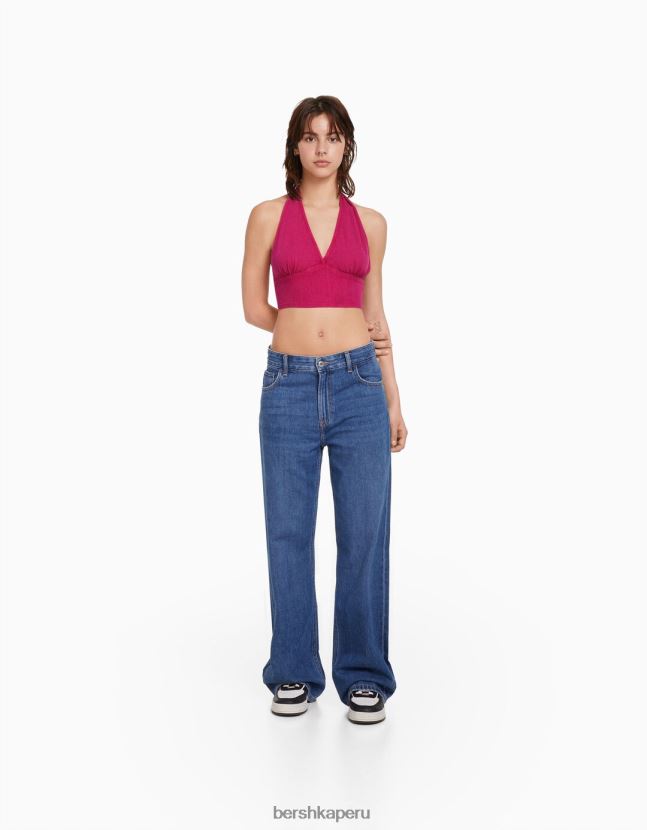 fucsia Bershka unisexo top corto de mezcla de lino rústico 806J6B3771