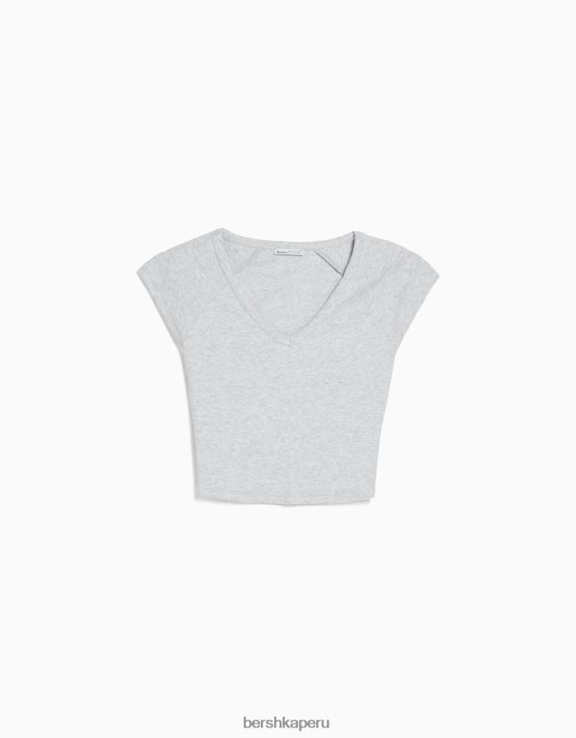 gris Bershka unisexo camiseta corta ajustada con cuello en V y manga raglán 806J6B3813