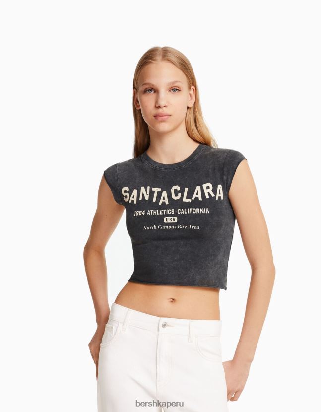 gris Bershka unisexo camiseta cropped de manga corta con estampado 806J6B3740