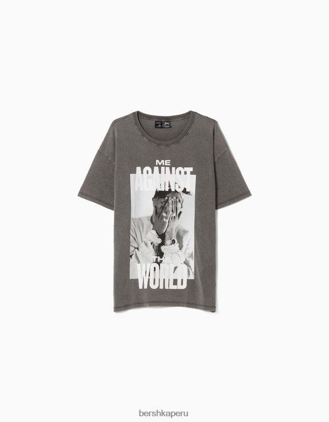 gris Bershka unisexo camiseta de manga corta con estampado de tupac 806J6B3704