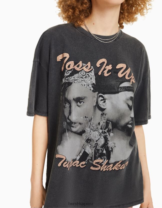 gris Bershka unisexo camiseta de manga corta con estampado de tupac 806J6B3766