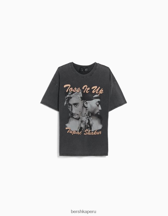 gris Bershka unisexo camiseta de manga corta con estampado de tupac 806J6B3766