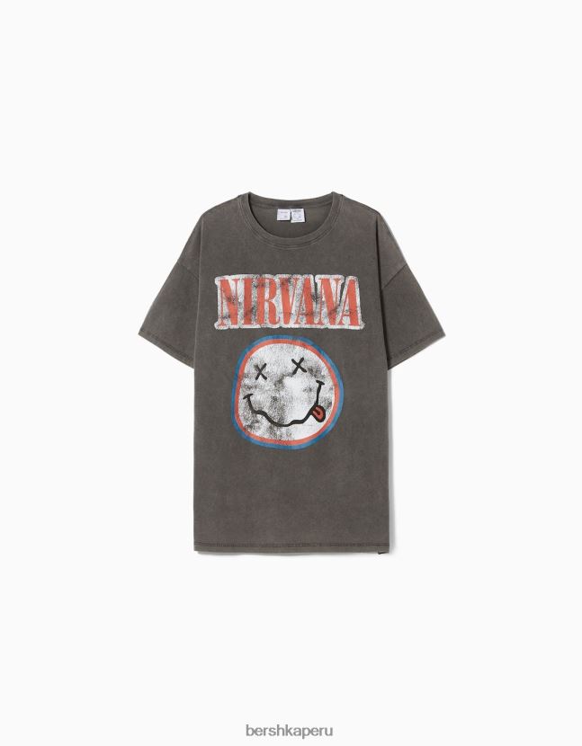 gris Bershka unisexo playera de manga corta con estampado de nirvana 806J6B3703