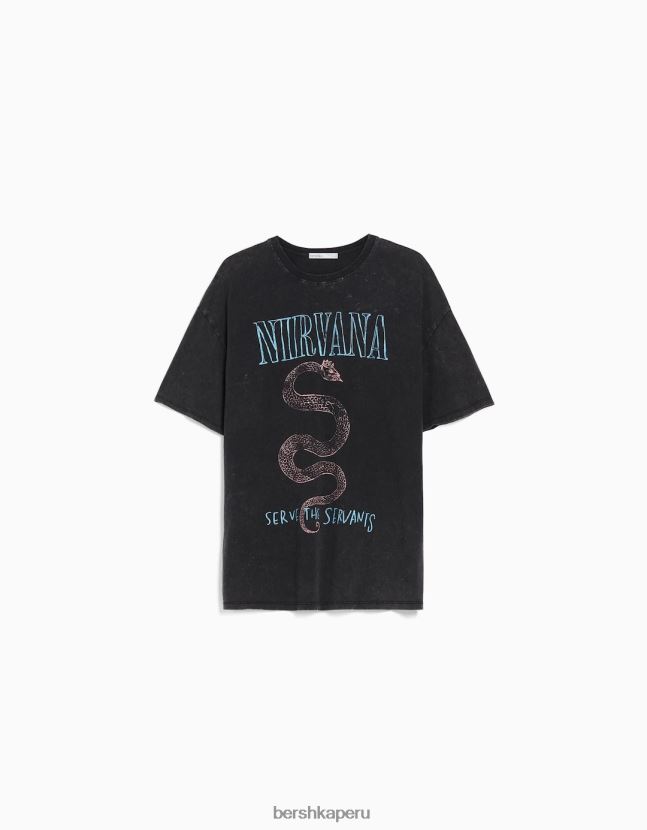 gris Bershka unisexo playera de manga corta con estampado de nirvana 806J6B3788