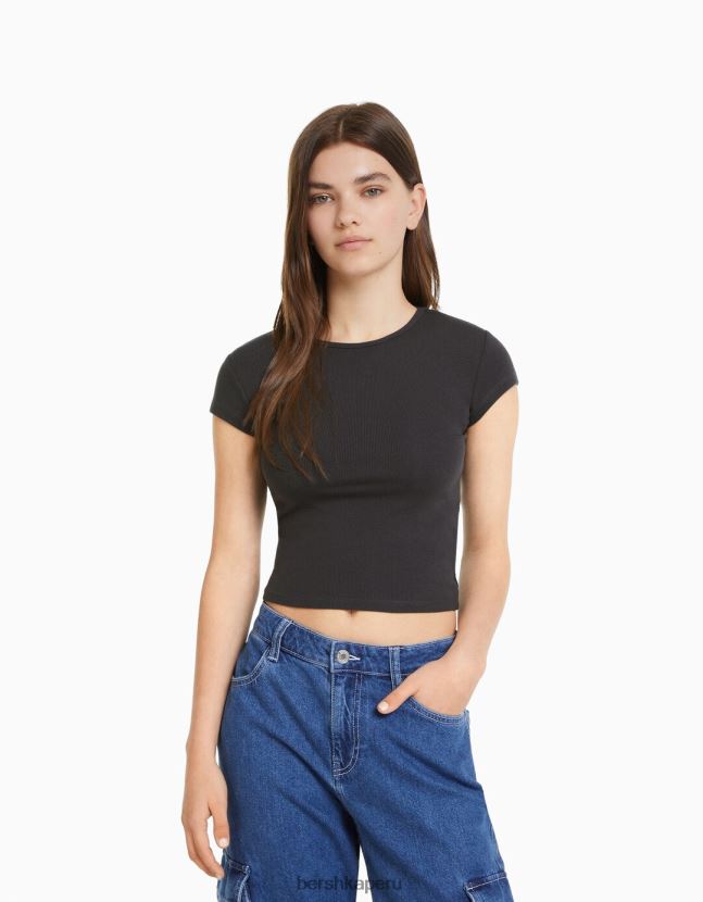 gris oscuro Bershka unisexo camiseta de canalé manga corta 806J6B3721