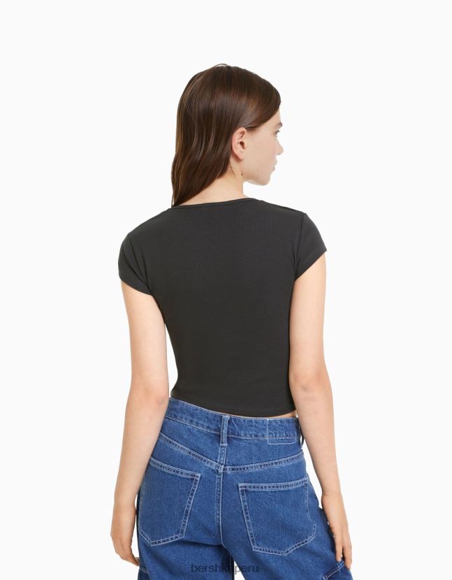 gris oscuro Bershka unisexo camiseta de canalé manga corta 806J6B3721