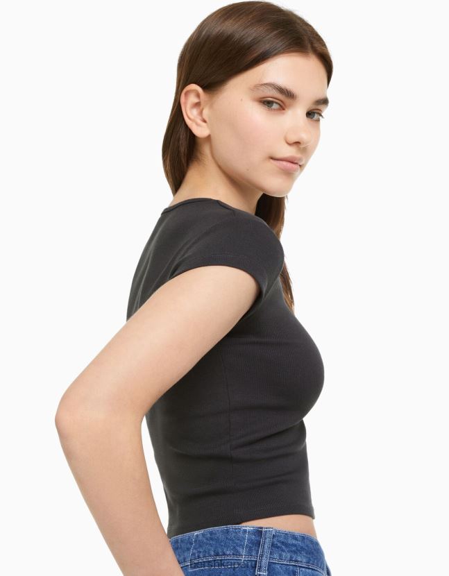 gris oscuro Bershka unisexo camiseta de canalé manga corta 806J6B3721