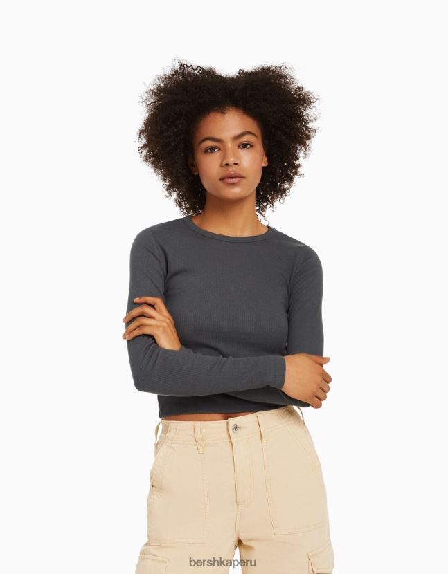 gris oscuro Bershka unisexo camiseta de manga larga de canalé 806J6B3806