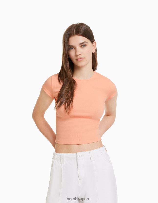 naranja Bershka unisexo camiseta de canalé manga corta 806J6B3747