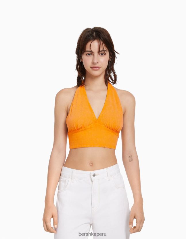 naranja Bershka unisexo top corto de mezcla de lino rústico 806J6B3772