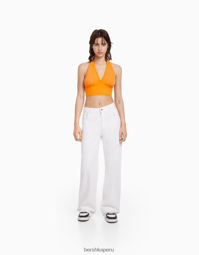 naranja Bershka unisexo top corto de mezcla de lino rústico 806J6B3772