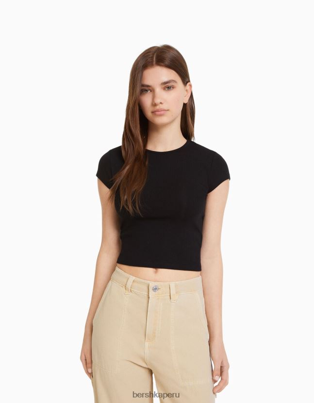 negro Bershka unisexo camiseta de canalé manga corta 806J6B3722