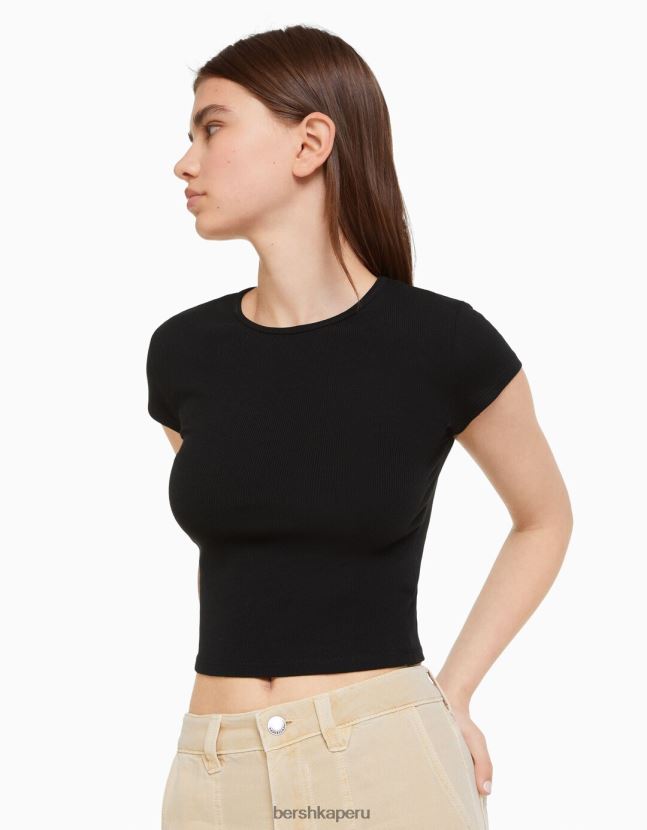 negro Bershka unisexo camiseta de canalé manga corta 806J6B3722