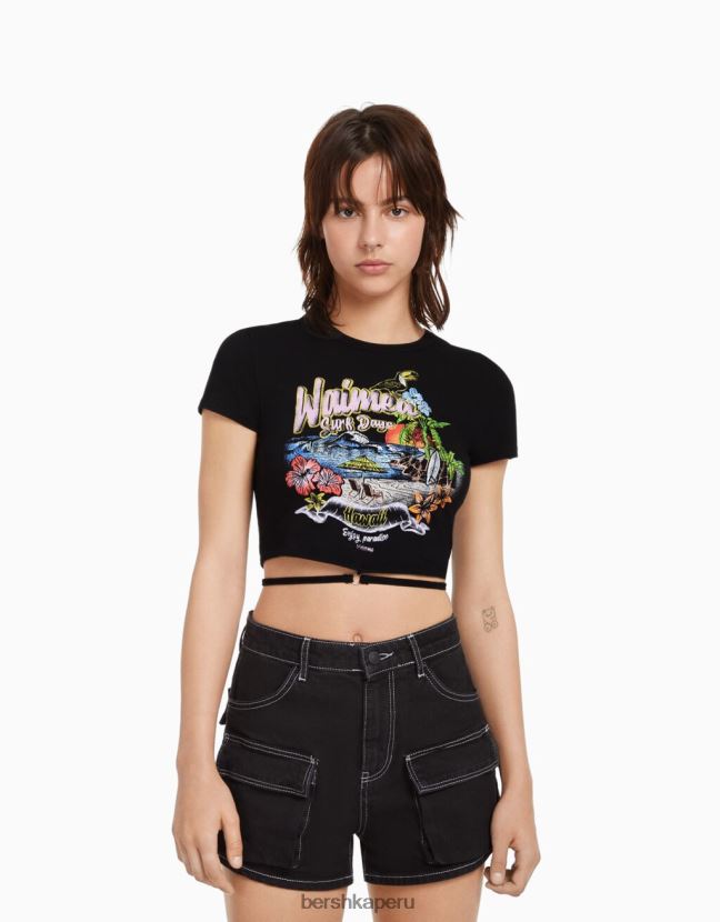 negro Bershka unisexo camiseta de manga corta estampada con anillo y corbata 806J6B3728