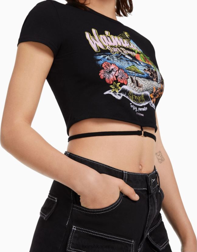 negro Bershka unisexo camiseta de manga corta estampada con anillo y corbata 806J6B3728