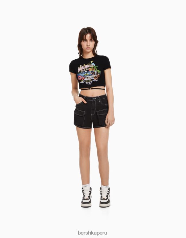 negro Bershka unisexo camiseta de manga corta estampada con anillo y corbata 806J6B3728