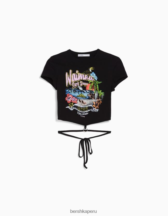 negro Bershka unisexo camiseta de manga corta estampada con anillo y corbata 806J6B3728