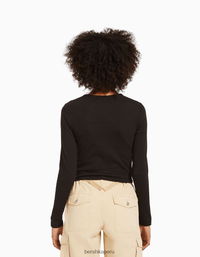 negro Bershka unisexo camiseta de manga larga de canalé 806J6B3863