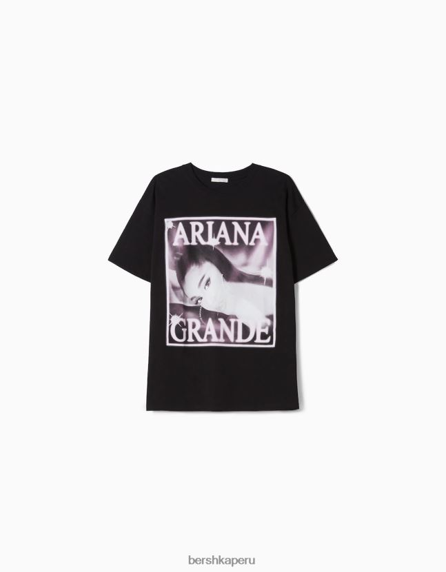 negro Bershka unisexo playera de manga corta con estampado de ariana grande 806J6B3705