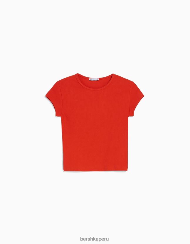 rojo Bershka unisexo camiseta de canalé manga corta 806J6B3719