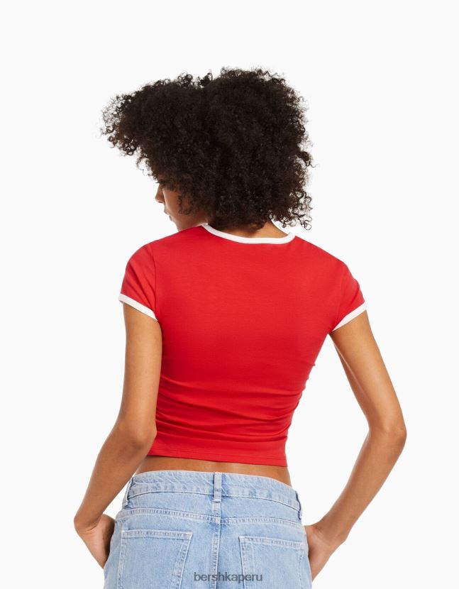 rojo Bershka unisexo playera manga corta canalé estampada 806J6B3811