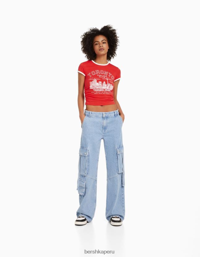 rojo Bershka unisexo playera manga corta canalé estampada 806J6B3811