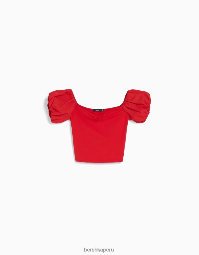rojo Bershka unisexo top de popelina de algodón de manga corta 806J6B3801