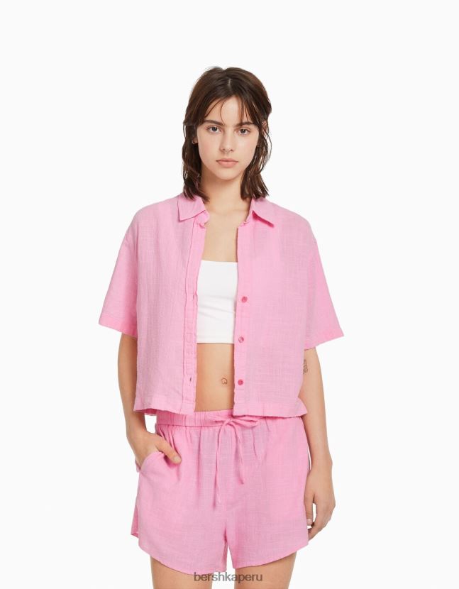 rosa Bershka unisexo camisa rústica manga corta texturizada 806J6B3796