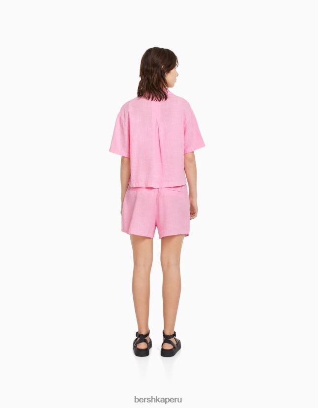 rosa Bershka unisexo camisa rústica manga corta texturizada 806J6B3796