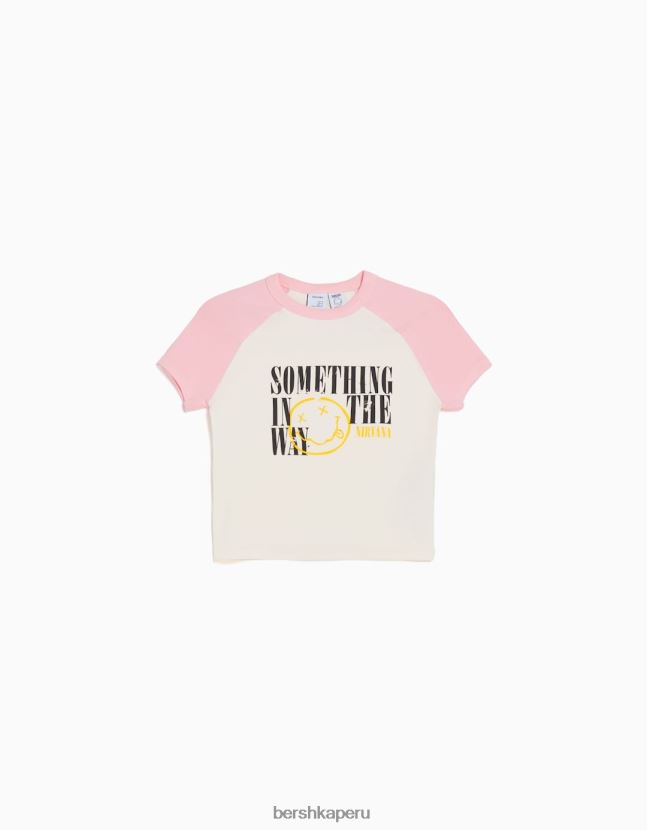 rosa Bershka unisexo camiseta con estampado de nirvana y mangas raglán cortas 806J6B3734