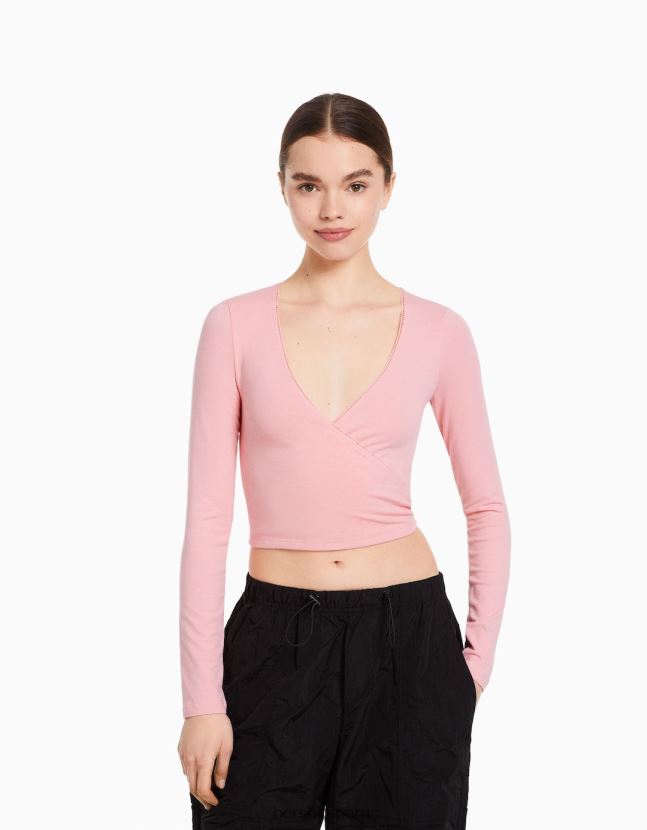 rosa Bershka unisexo camiseta cruzada manga larga 806J6B3753