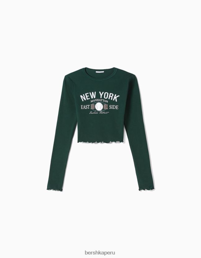 verde Bershka unisexo camiseta corta de manga larga con estampado 806J6B3833