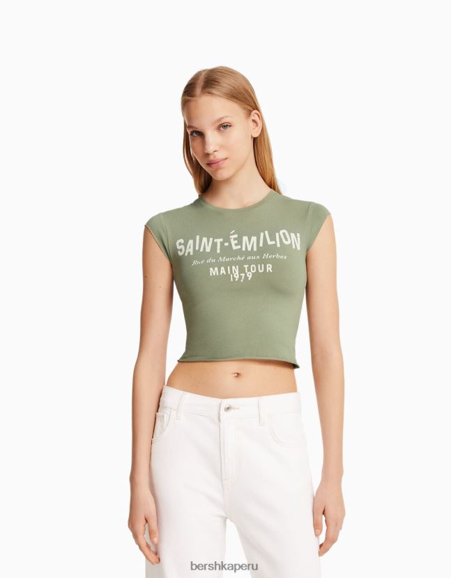 verde Bershka unisexo camiseta cropped de manga corta con estampado 806J6B3741