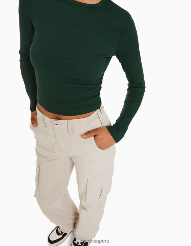 verde Bershka unisexo camiseta de manga larga de canalé 806J6B3864