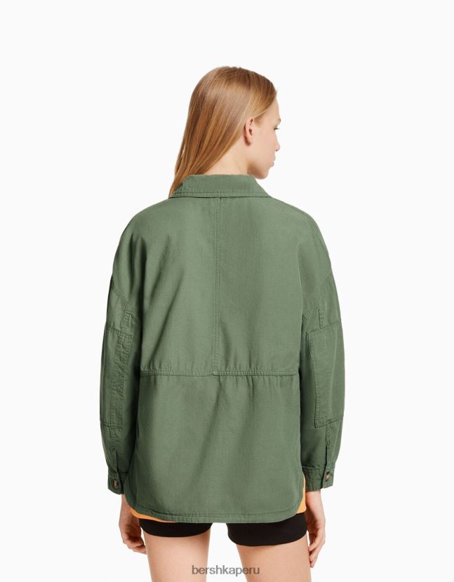 caqui Bershka unisexo sobrecamisa de manga larga de algodón con bolsillos 806J6B4163