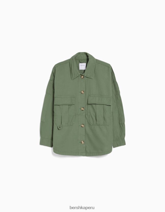 caqui Bershka unisexo sobrecamisa de manga larga de algodón con bolsillos 806J6B4163