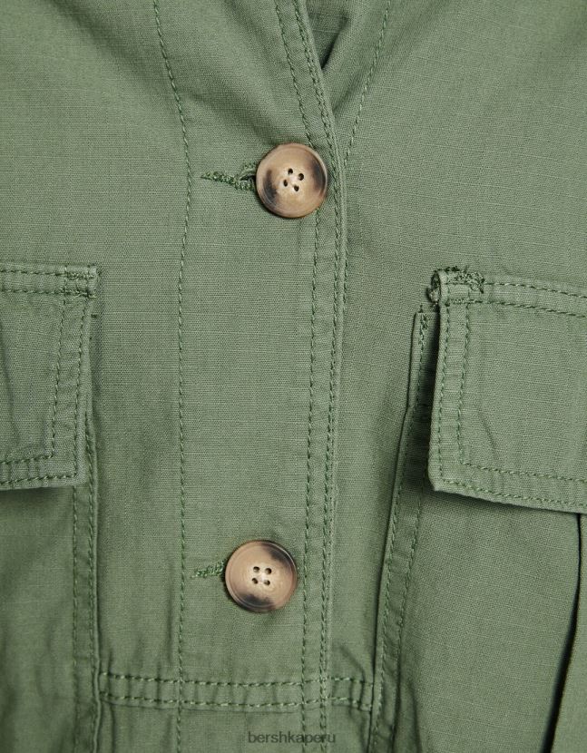 caqui Bershka unisexo sobrecamisa de manga larga de algodón con bolsillos 806J6B4163