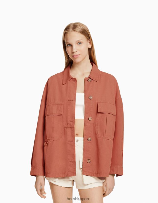 rosa Bershka unisexo sobrecamisa de manga larga de algodón con bolsillos 806J6B4162