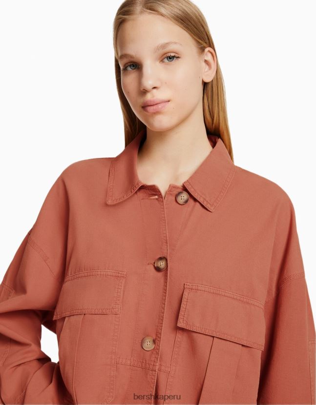 rosa Bershka unisexo sobrecamisa de manga larga de algodón con bolsillos 806J6B4162