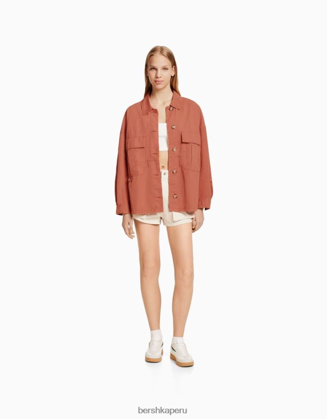 rosa Bershka unisexo sobrecamisa de manga larga de algodón con bolsillos 806J6B4162