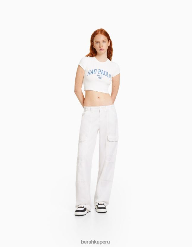 blanquecino Bershka unisexo pantalones cargo de algodón de tiro bajo con hilo en contraste 806J6B3902