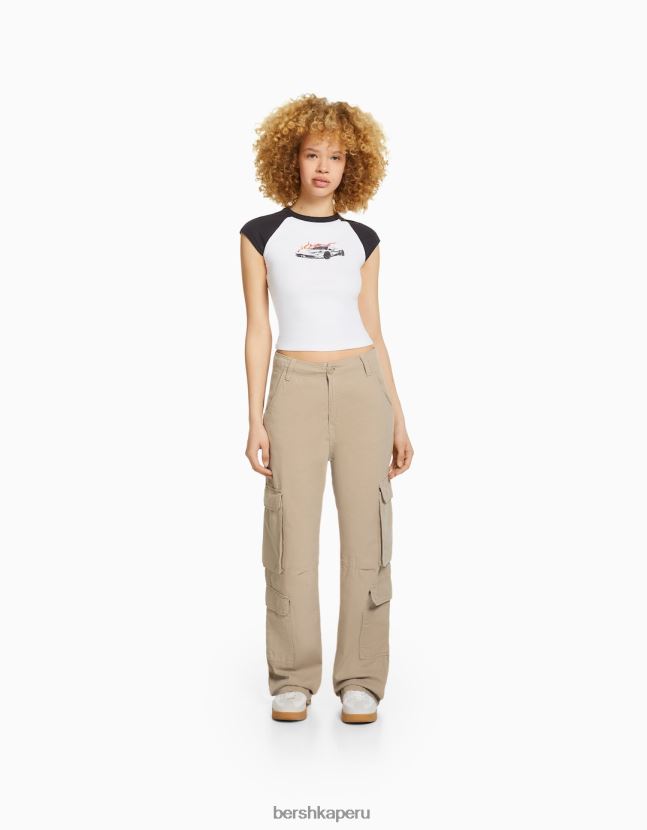camello Bershka unisexo pantalones cargo de sarga ajustables con múltiples bolsillos 806J6B3875