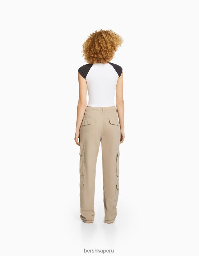 camello Bershka unisexo pantalones cargo de sarga ajustables con múltiples bolsillos 806J6B3875