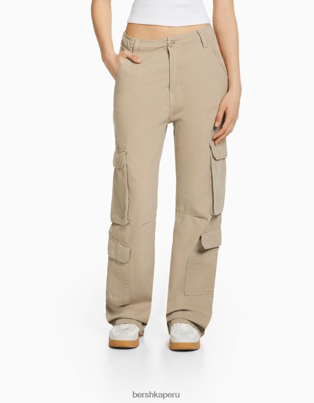 camello Bershka unisexo pantalones cargo de sarga ajustables con múltiples bolsillos 806J6B3875